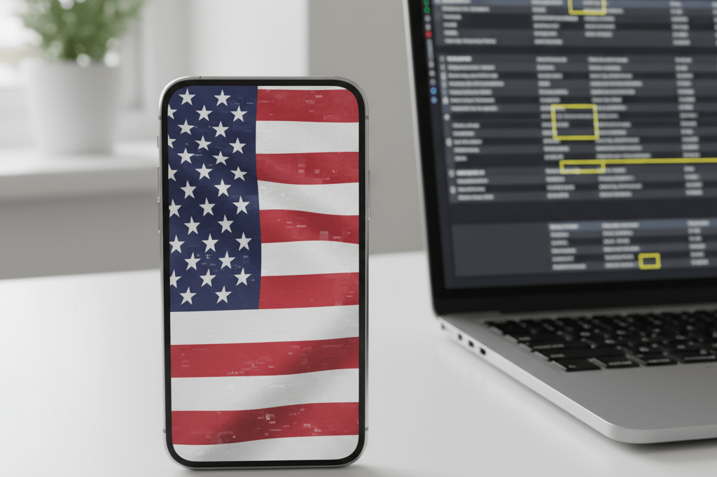Medium shot of smartphone displaying suspicious flag image next to laptop running image authenticity analysis software