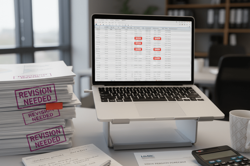 Office desk showing forecasting errors and validation tools for business planning Medium shot of a professional desk with laptop spreadsheet errors, stamped reports, calculator, and handwritten validation notes under natural and office lighting