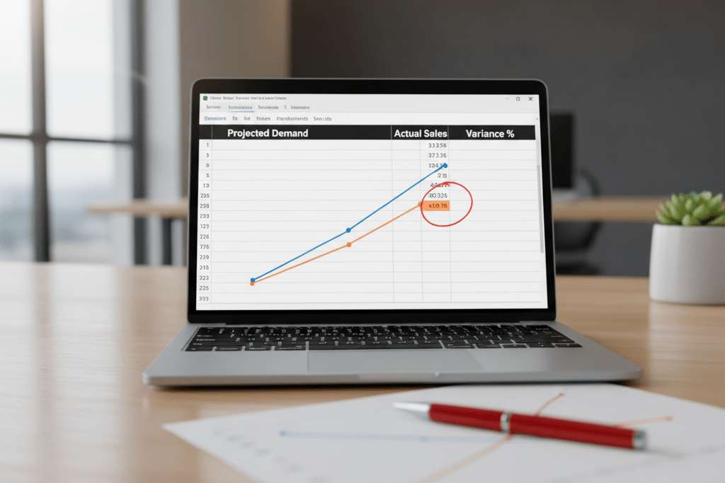 Financial forecasting dashboard showing demand variance and calculation errors Medium shot of a laptop displaying a financial forecasting spreadsheet with highlighted errors, red pen, and natural office lighting