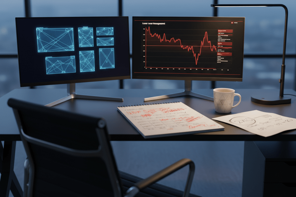 Game Development Team Restructuring Workspace Scene Medium shot of a game studio desk showing analytics dashboards, crossed-out roadmap, and downsized org chart under natural and lamp light