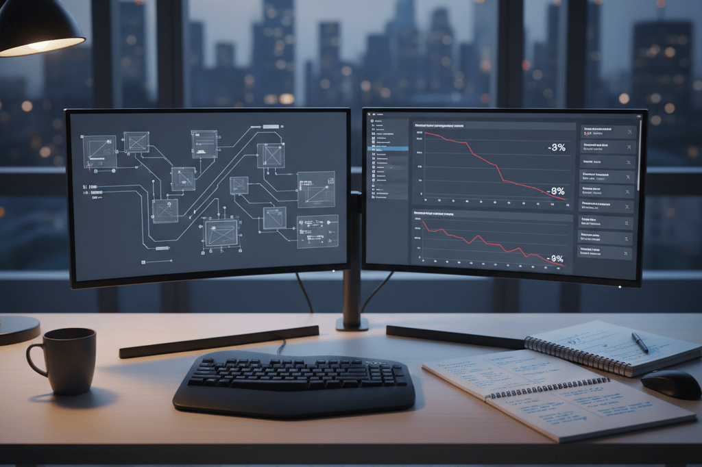 Game Development Studio Workspace During Post-Launch Restructuring Medium shot of an empty modern game dev desk with analytics screens, notebooks, and coffee mug at dusk, showing post-launch strategic shift