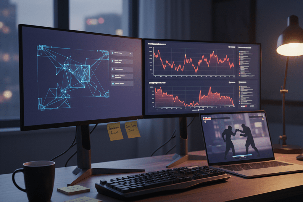 Game development studio desk during post-launch strategic pivot Medium shot of a game studio desk with monitors showing analytics and fighting game visuals, lit by natural and desk lamp light