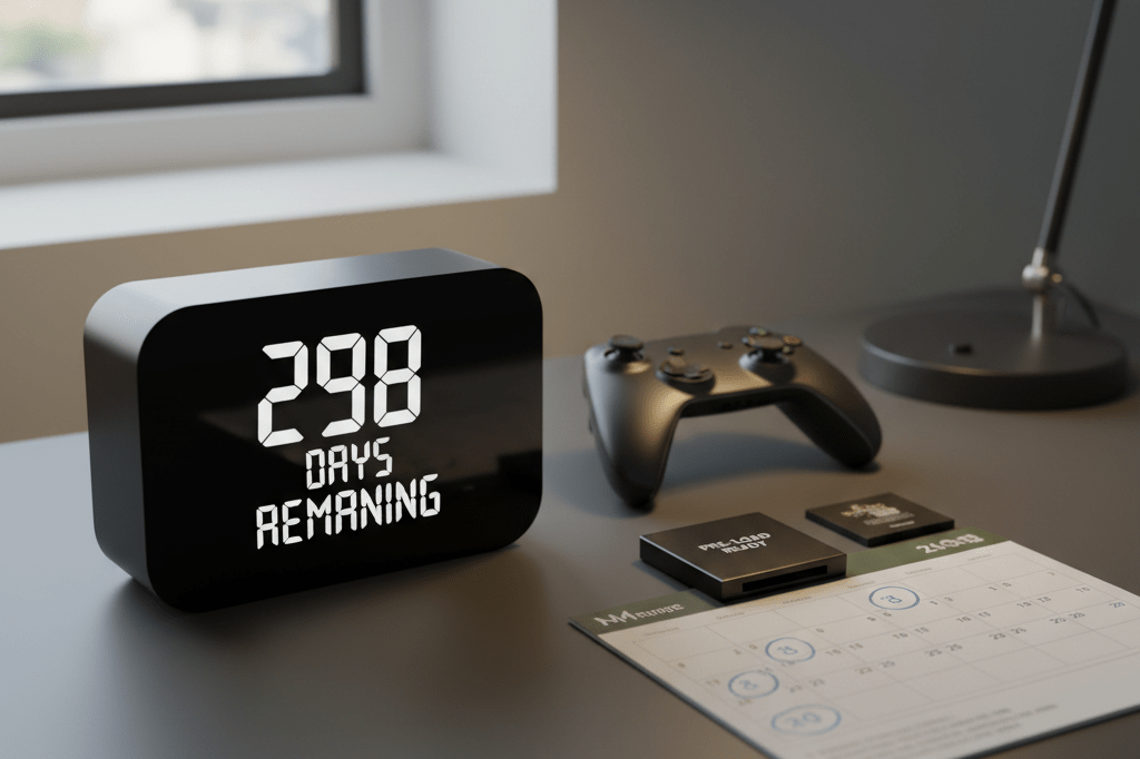 Medium shot of a sleek countdown clock beside gaming accessories on a desk under natural and warm ambient lighting