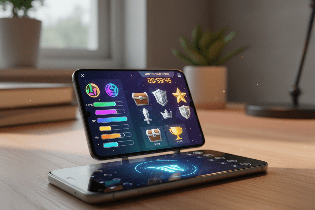 Medium shot of a smartphone displaying a colorful, game-like shopping interface with progress bars, badges, and countdown timer under natural and warm ambient lighting