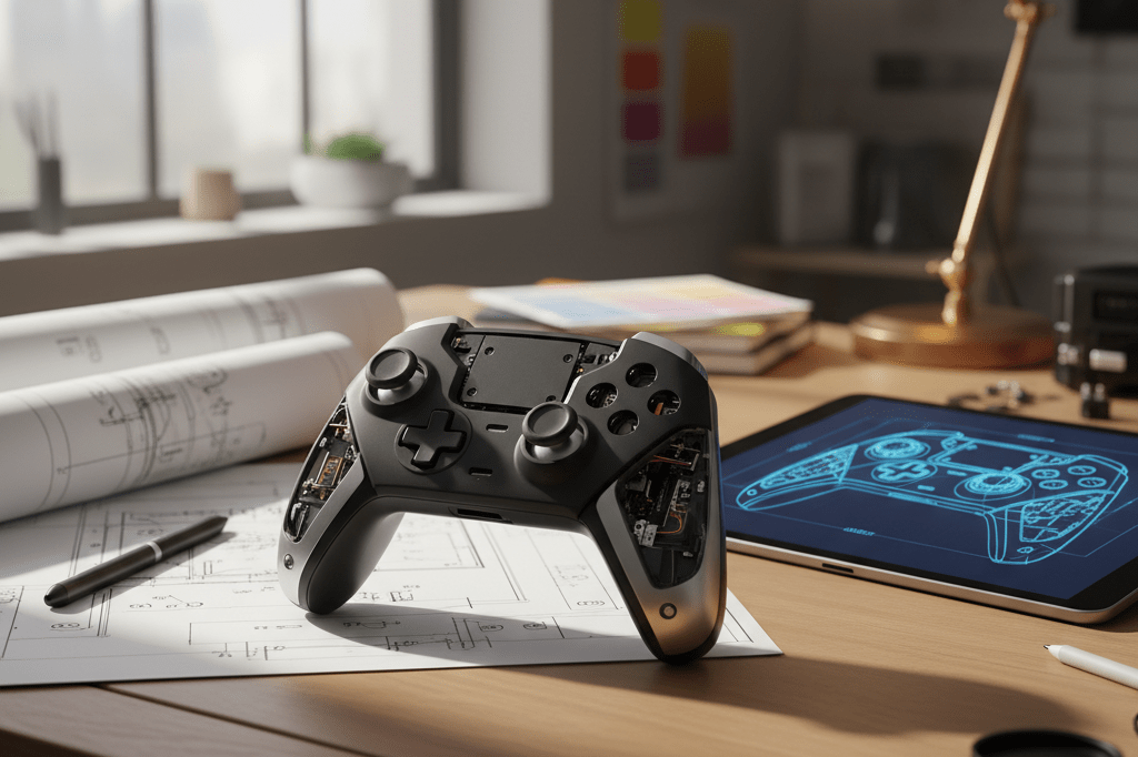 Medium shot of an unfinished gaming controller prototype beside blueprints and a tablet showing wireframe models on a drafting table