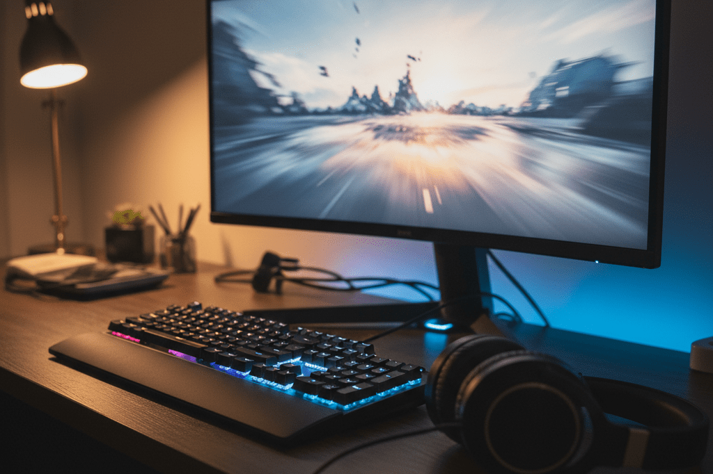 Medium shot of a realistic gaming desk with keyboard, headphones, and monitor showing abstract in-game motion reflection