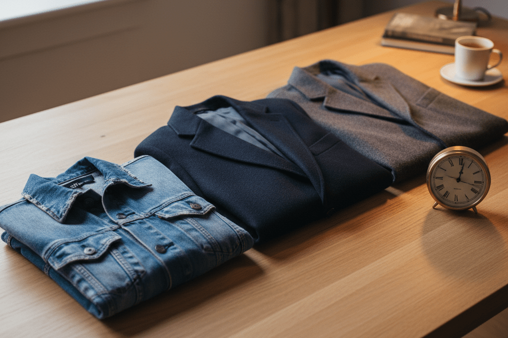 Garment evolution flat-lay symbolizing narrative progression and planned product conclusion Medium flat-lay of three evolving garments and an analog clock showing 11:55 on wooden surface with natural lighting