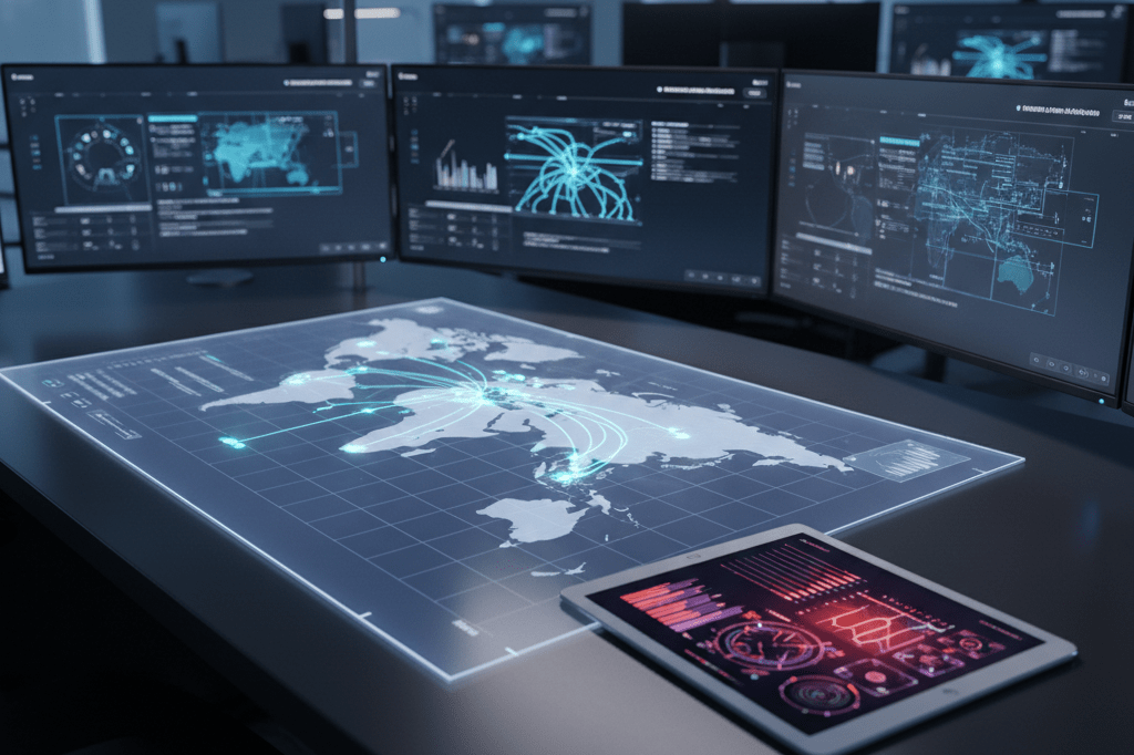 Control room desk with global distribution map and security analytics under cool ambient light