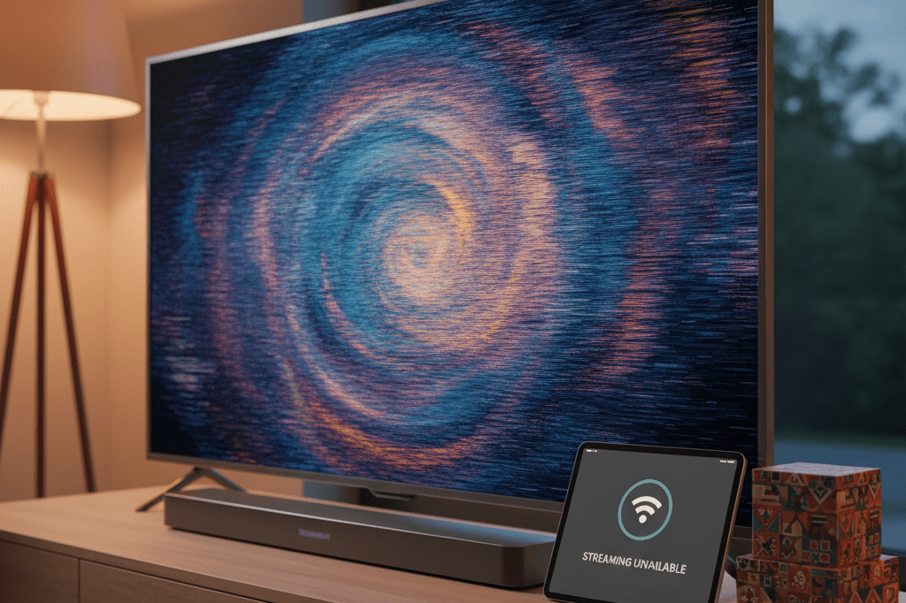 Medium shot of a living room entertainment system with static TV screen, remote, tablet showing error, and neutral merchandise boxes under ambient lighting