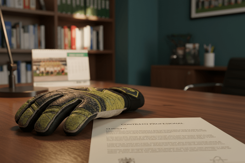 Medium shot of a worn goalkeeper glove beside an open contract document under warm office lighting, representing strategic player development and long-term club planning