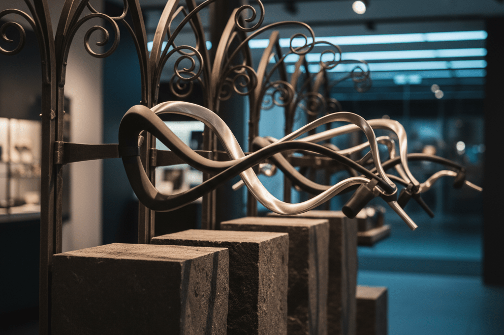 Medium shot of a dark-toned modular display system featuring rotating steel-and-polymer kinetic sculptures evoking whip motion in a retail setting