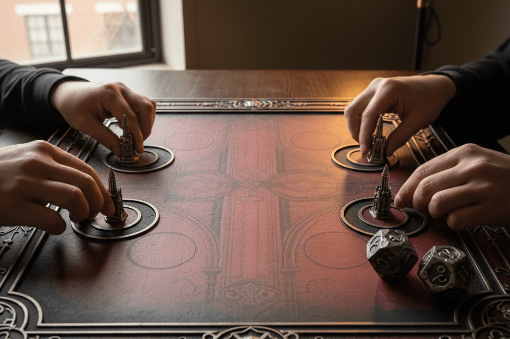 Medium shot of a gothic-themed game board with spire-shaped tokens, ambient lighting, no people or branding visible