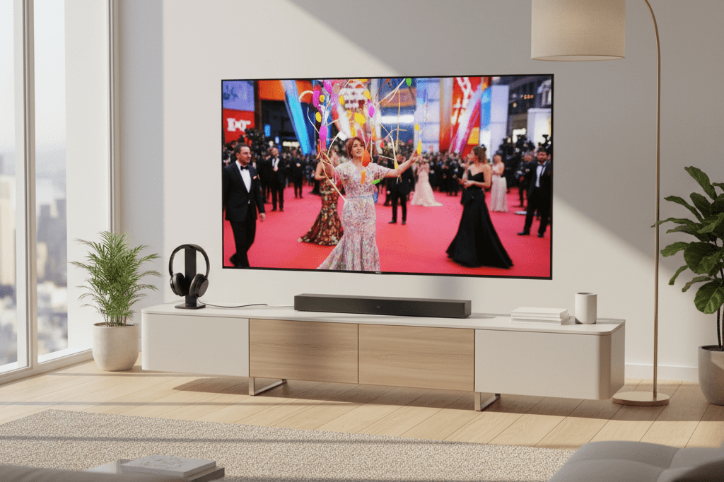 Medium shot of a flat-screen TV playing a generic award show red carpet stream with wireless headphones and soundbar on a console in a well-lit living room