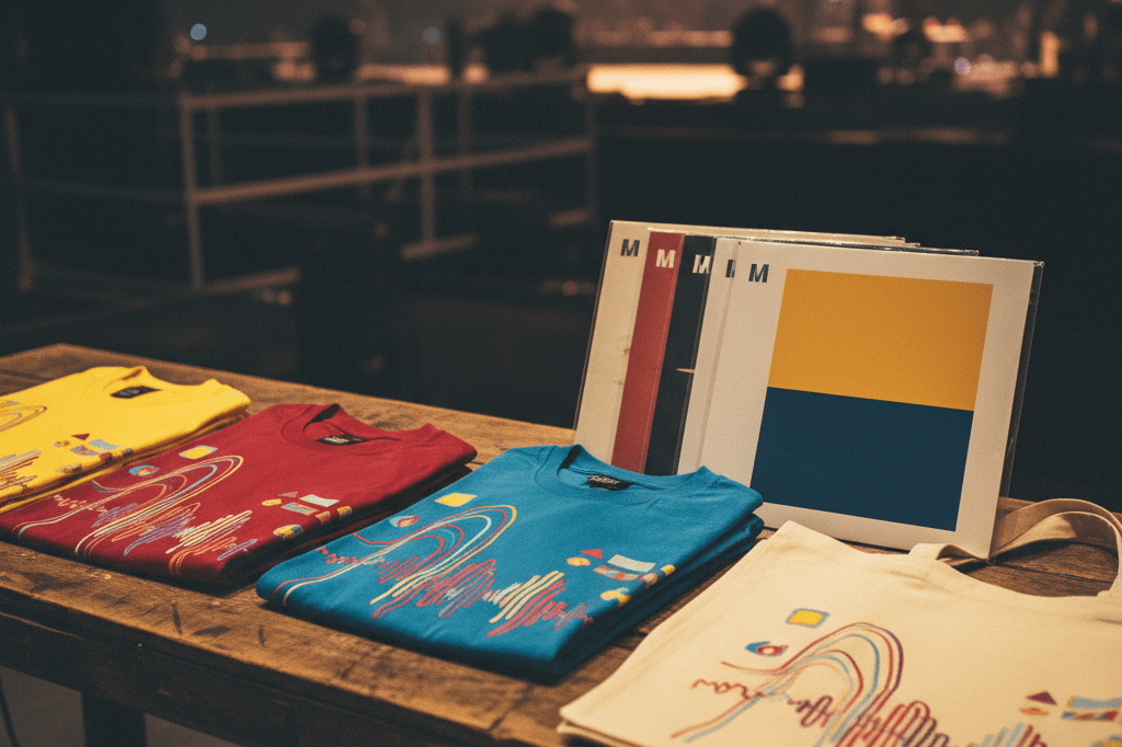 Medium shot of colorful t-shirts, vinyl records, and a woven tote bag arranged on a table with warm ambient lighting