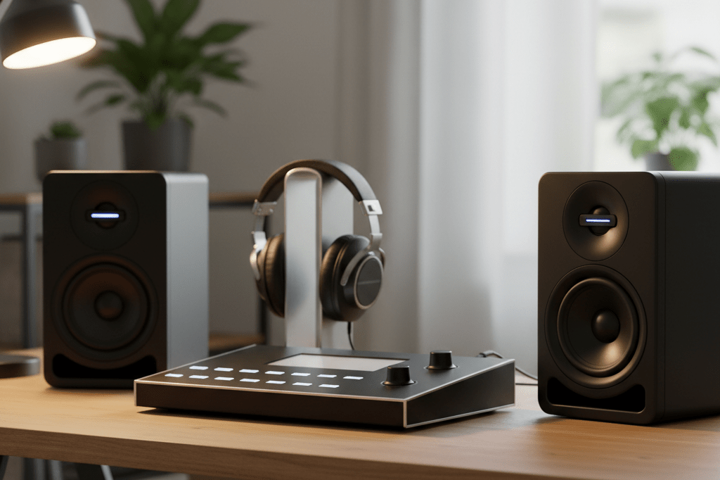 Photorealistic medium shot of premium studio monitors, headphones, and DAW interface on a wooden desk in soft ambient light