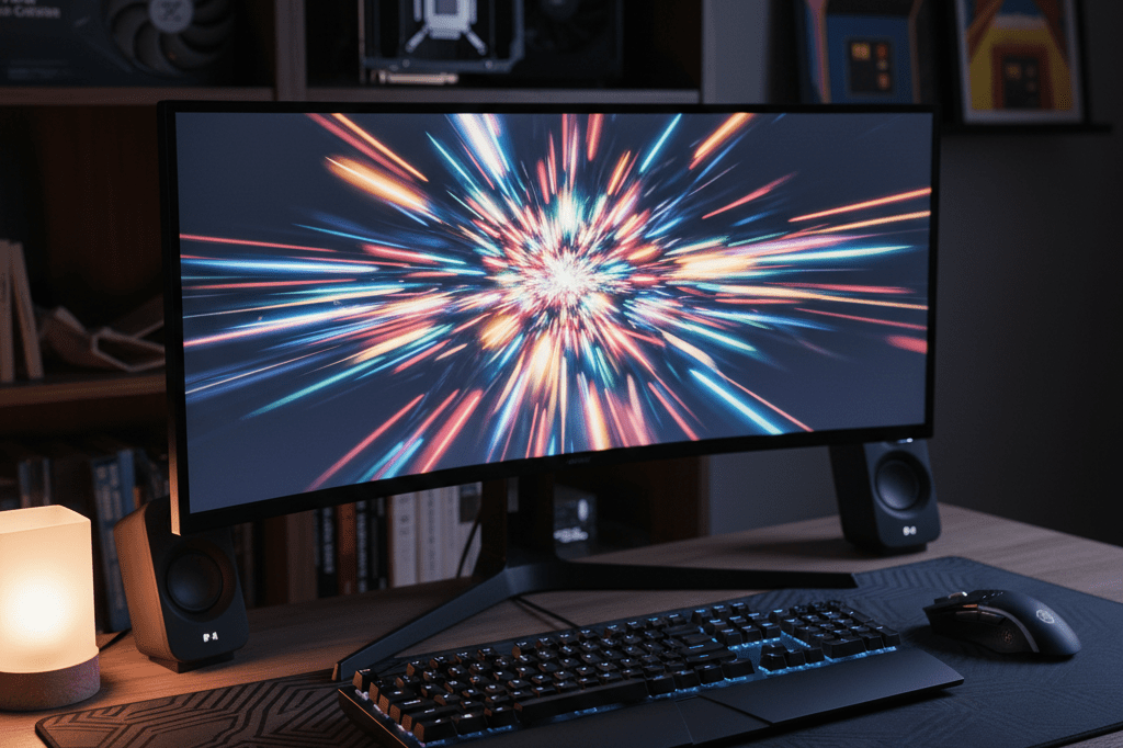 Abstract reflection of pinball lighting on a premium gaming setup Medium shot of高端 gaming peripherals with soft-focus pinball lighting reflected on monitor, ambient desk lighting, no logos or faces
