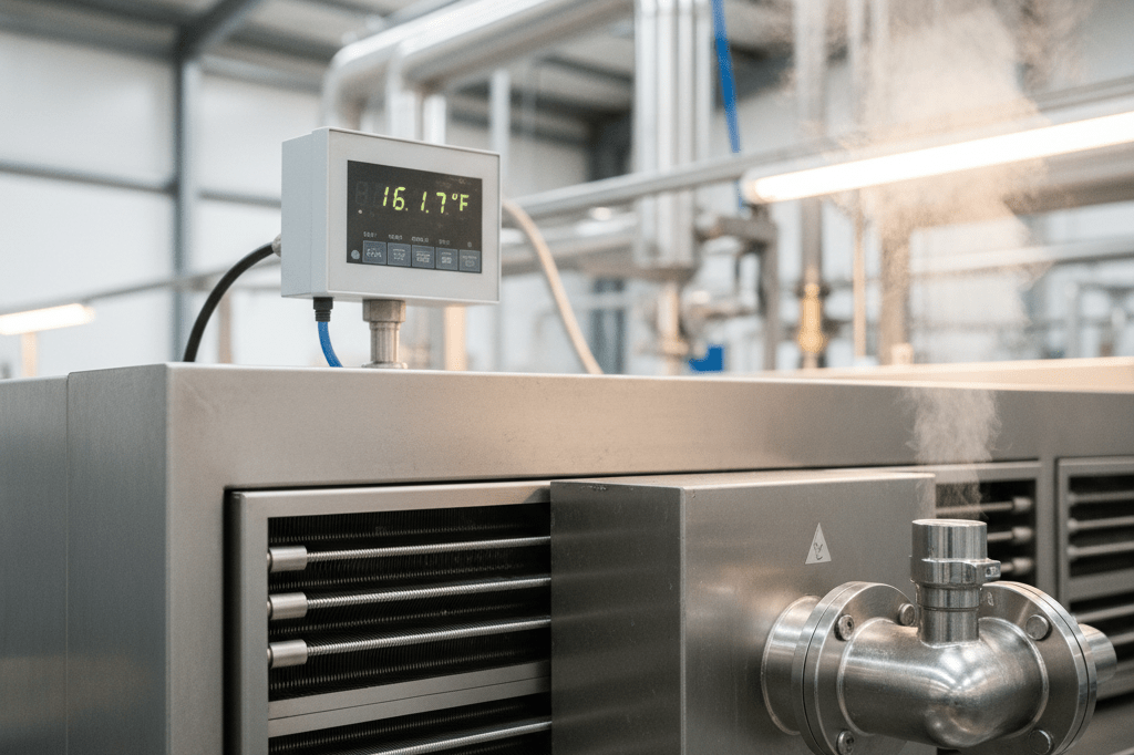 Medium shot of a stainless-steel HTST pasteurizer running at precise temperature in a clean dairy plant, no people or branding visible