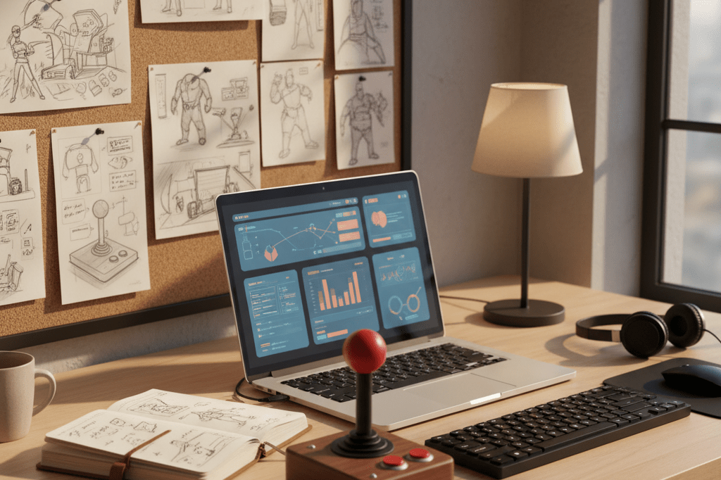 Medium shot of a sunlit game studio desk with hand-drawn sketches, a notebook, an analog joystick, and a laptop showing abstract analytics UI