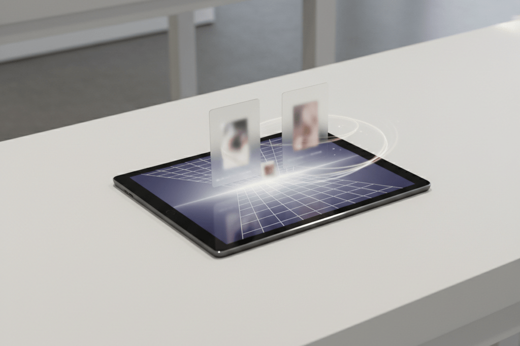 Medium shot of a touchscreen displaying a 3D product navigation interface with depth cues and motion trails on a clean white surface