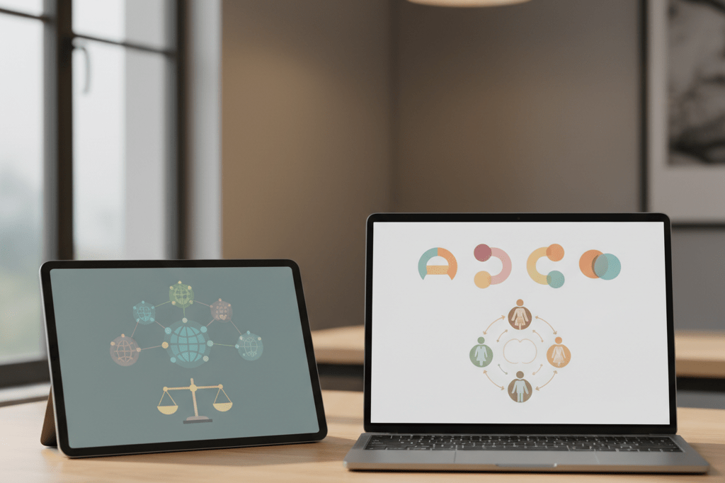 Medium shot of tablet and laptop displaying abstract, inclusive digital commerce icons under natural and ambient lighting