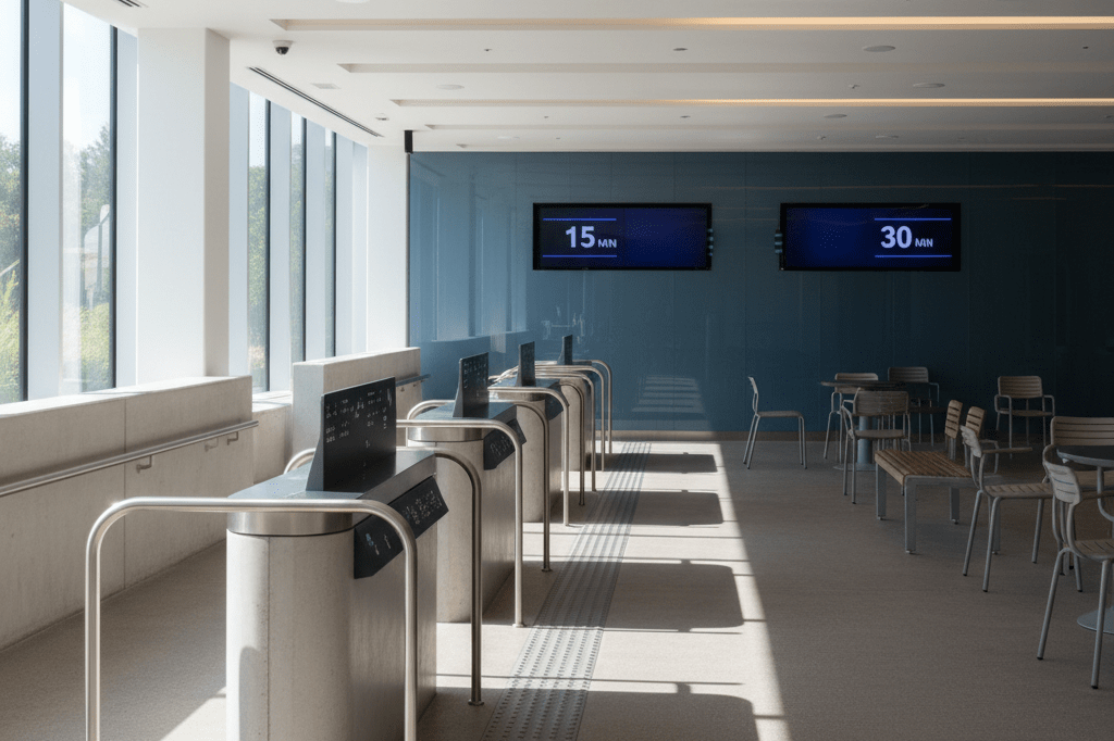 Medium shot of an accessible theme park queue with tactile flooring, Braille signage, and inclusive seating under natural light