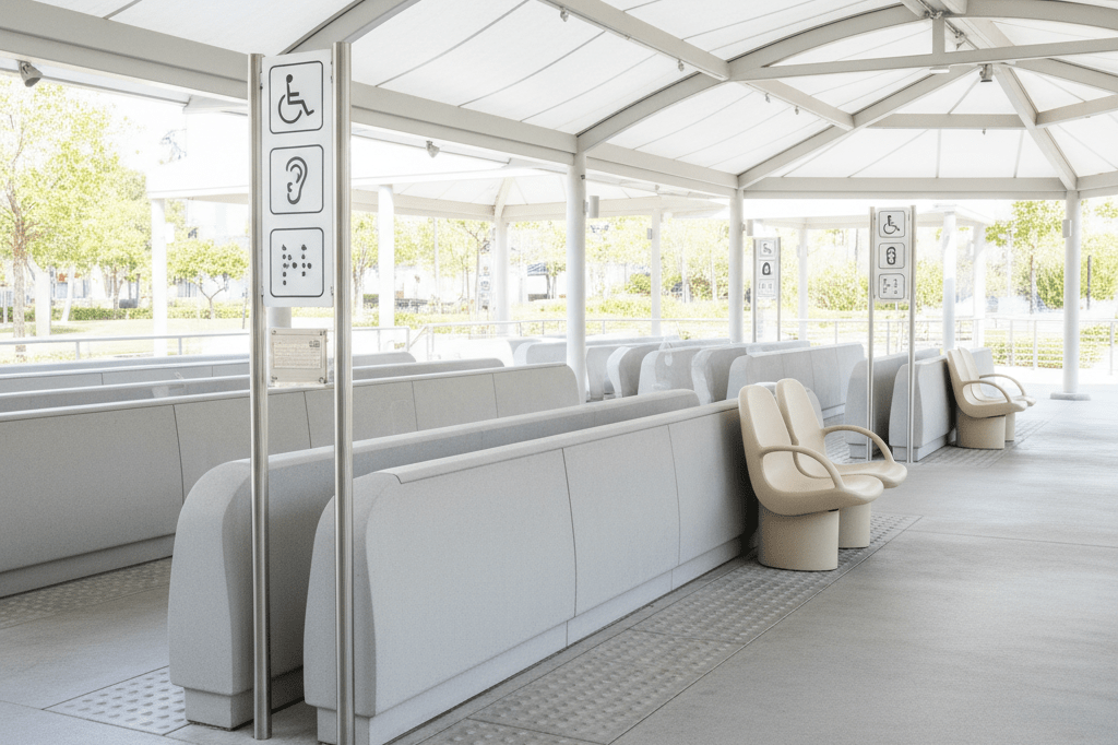 Medium shot of accessible theme park queue barriers, tactile paving, and ergonomic seating under natural daylight, no people shown