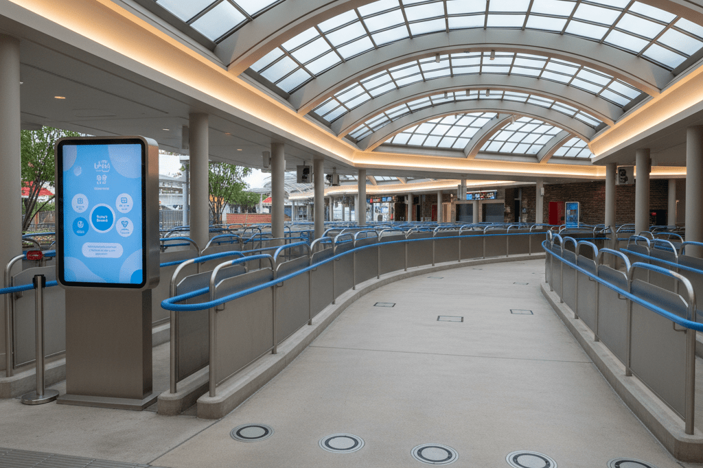 Medium shot of an accessible theme park queue with tactile flooring, low barriers, and a clean digital wait-time display under natural light