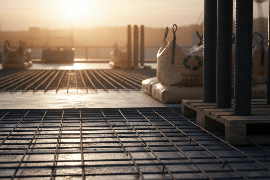 Medium shot of high-strength steel rebar, carbon fiber beams, and sustainable concrete at golden hour on an empty construction site