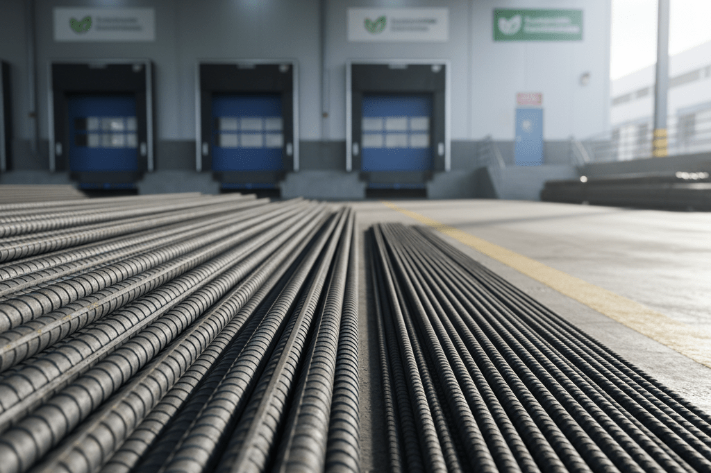 Medium shot of ASTM-grade steel rebar and carbon fiber rods on an industrial dock, lit by natural and ambient light, representing standardized infrastructure procurement