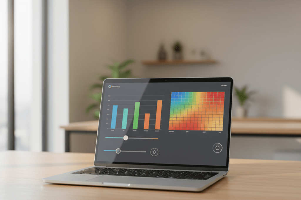 Medium shot of a laptop showing an abstract interactive data visualization dashboard on a light oak desk with natural lighting