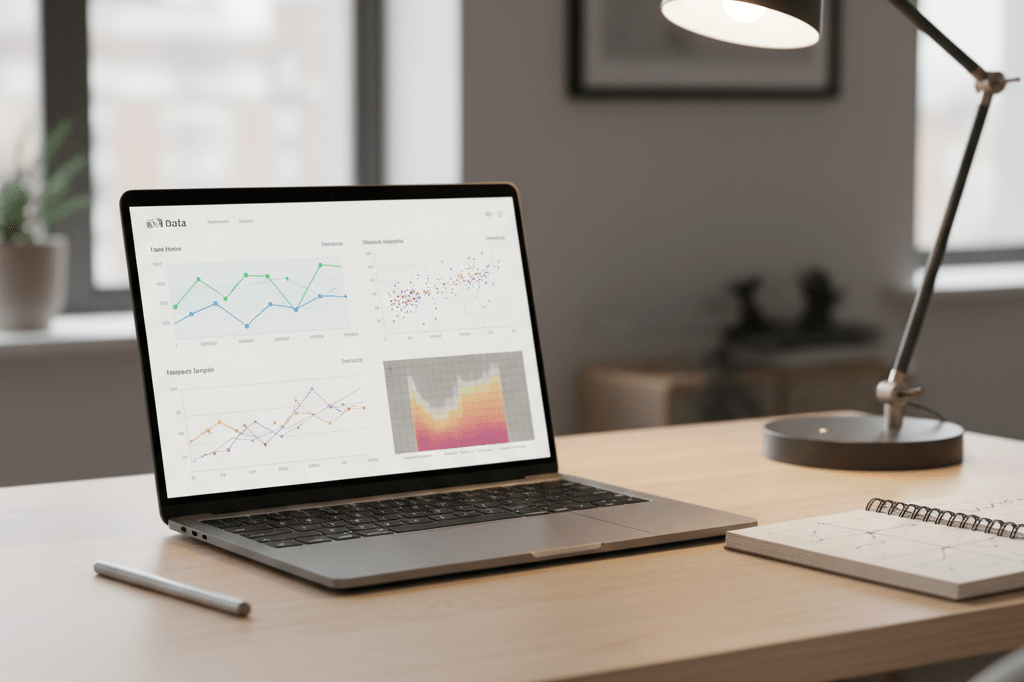 Medium shot of a laptop screen showing an interactive data dashboard with charts and heatmaps, lit by natural and desk lamp light