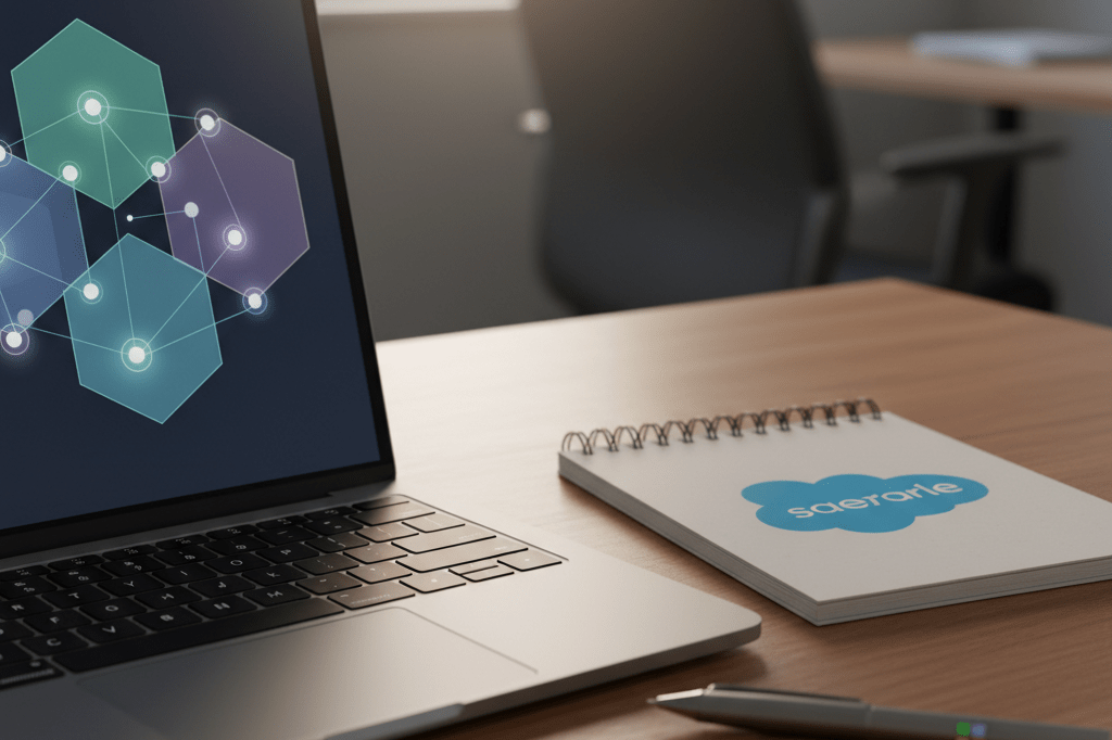 Medium shot of laptop showing glowing geometric puzzle interface beside branded notebook and pen in softly lit office setting