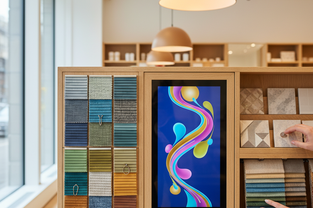 Medium shot of a modern interactive retail kiosk with tactile samples and abstract interface under natural and ambient lighting