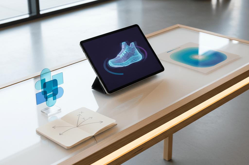 Medium shot of tablet showing rotating 3D sneaker model beside abstract navigation graphics on illuminated retail display table