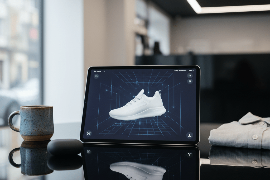 Medium shot of a tablet displaying a rotating 3D sneaker within a spatial interface, surrounded by retail products under natural and ambient lighting