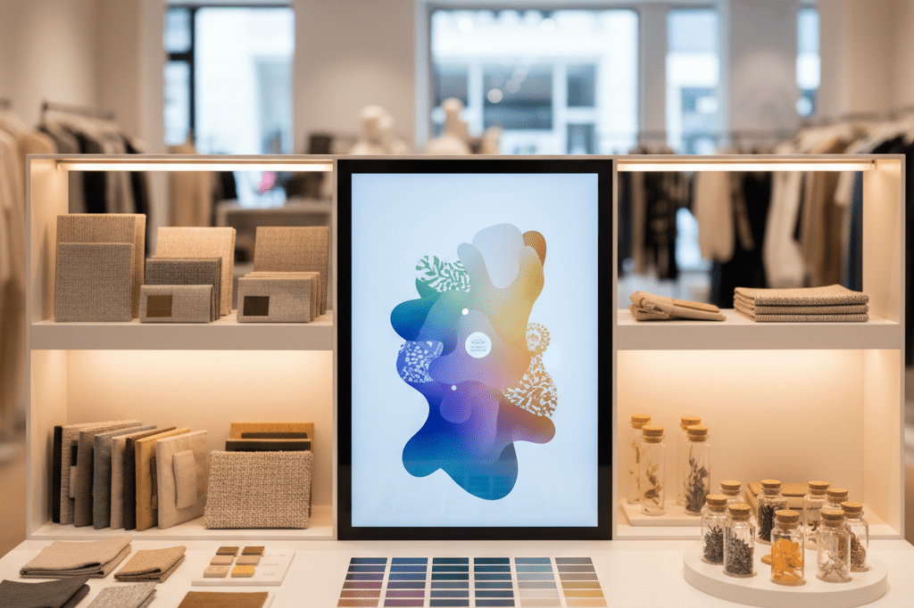 Medium shot of a modular retail display with customizable product samples and abstract touchscreen interface under natural and warm ambient lighting