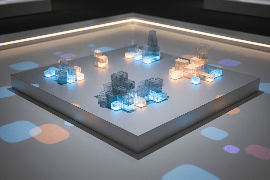 Medium shot of glowing sensor-enabled building bricks on a softly lit retail floor with subtle digital projections