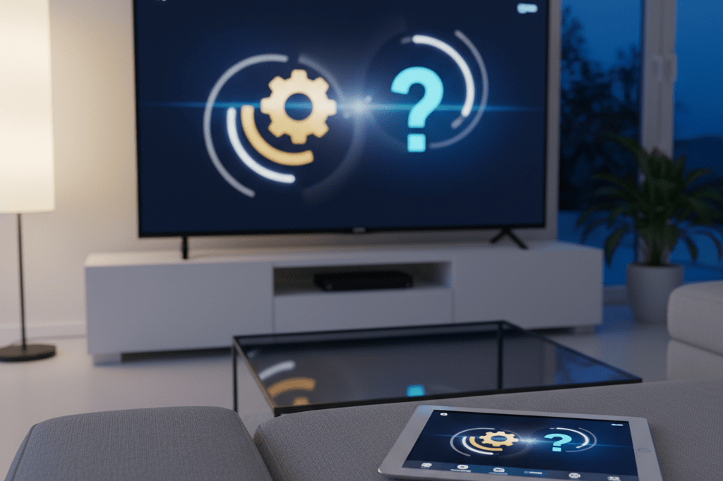 Medium shot of a living room with TV showing abstract quiz UI elements, tablet and remote on sofa, ambient lighting, no people or branding