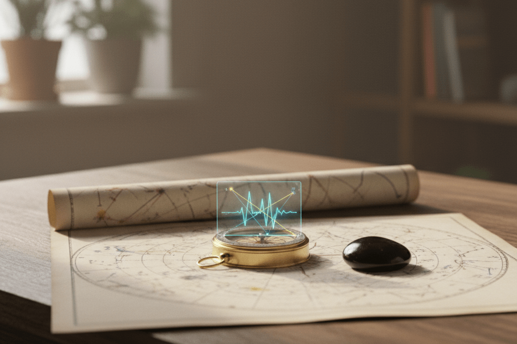 Medium shot of a desk with star chart, compass with digital overlay, and obsidian stone under natural light
