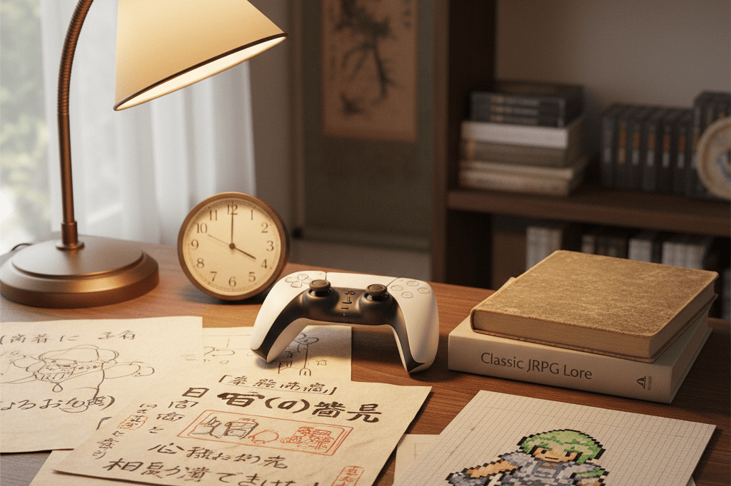 Medium shot of a quiet Japanese-inspired game dev desk with handwritten notes, pixel art sketch, reference book, and PS5 controller under natural and lamp light