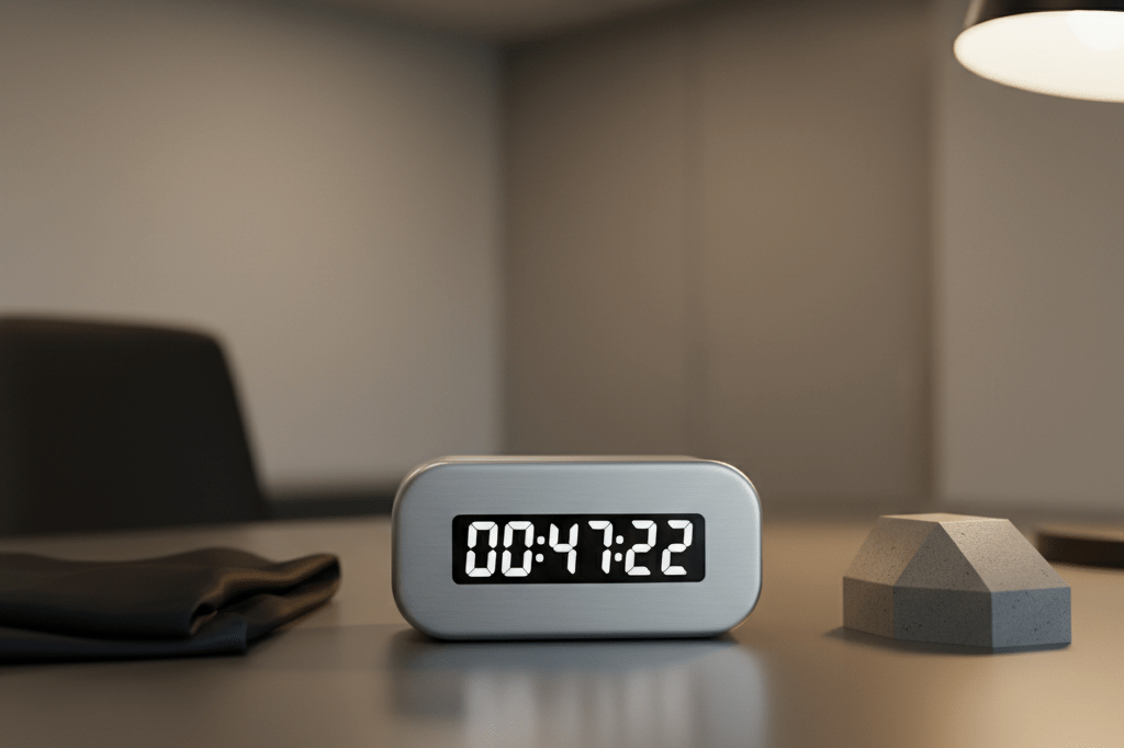 Medium shot of a digital countdown timer and textured prototype component on a metallic surface under natural and warm ambient light