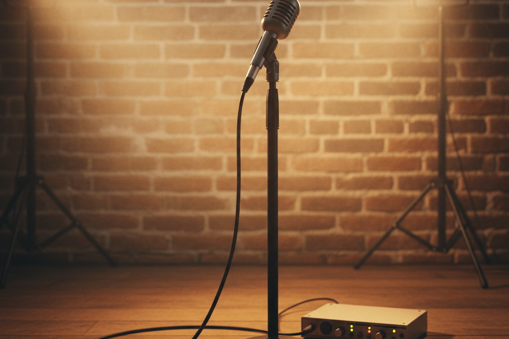 Medium shot of a professional dynamic microphone on stand with guitar picks and audio interface in warm ambient-lit venue
