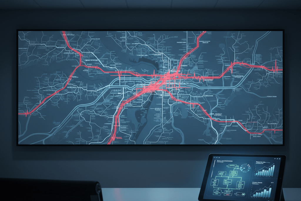 Logistics command center screen displaying red traffic alerts and route optimization data under ambient office lighting