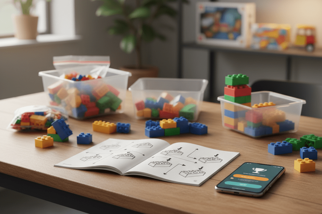 Colorful generic bricks and instruction manual with smartphone showing blurred loyalty points on a lit table