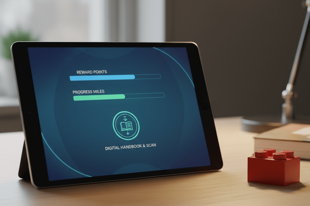 Close-up of tablet showing generic loyalty points and a toy block under warm natural light