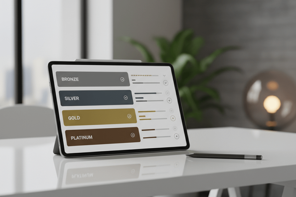 Tablet displaying generic bronze silver gold platinum loyalty tiers on a desk under natural light