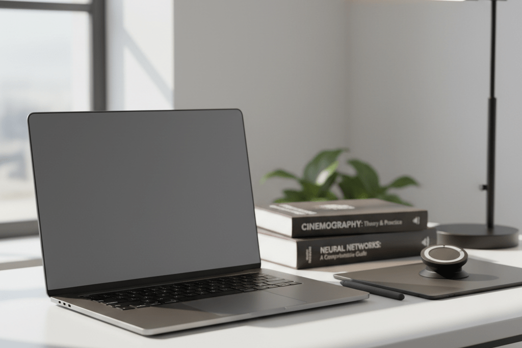 Medium shot of an unbranded matte aluminum laptop on a modern desk with creative tools, lit by natural daylight and warm lamp light
