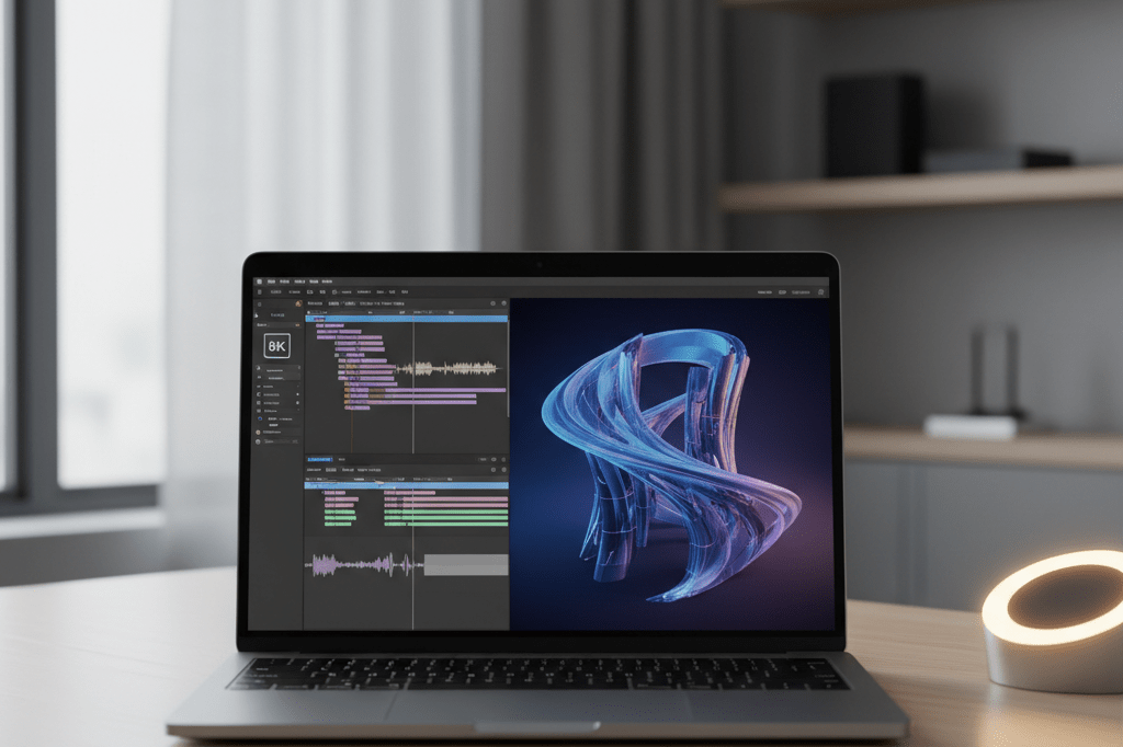 Unbranded high-performance laptop displaying 8K video timeline and real-time 3D rendering on a minimalist desk under natural and warm ambient light