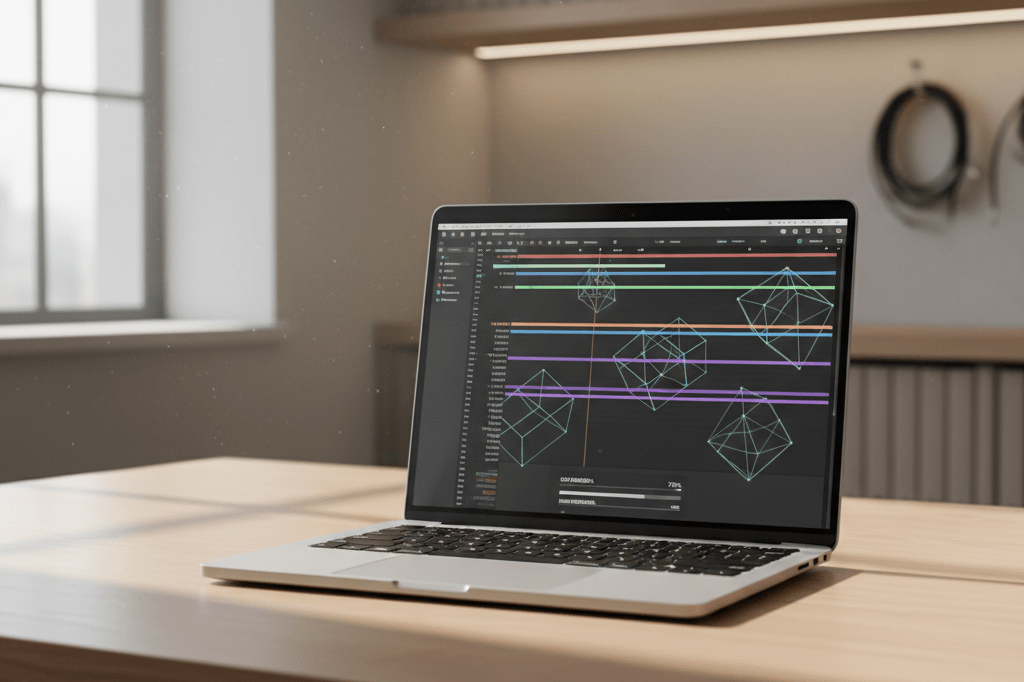 Medium shot of an unbranded high-end laptop on a light-wood desk displaying 3D wireframe and video timeline in a sunlit modern office