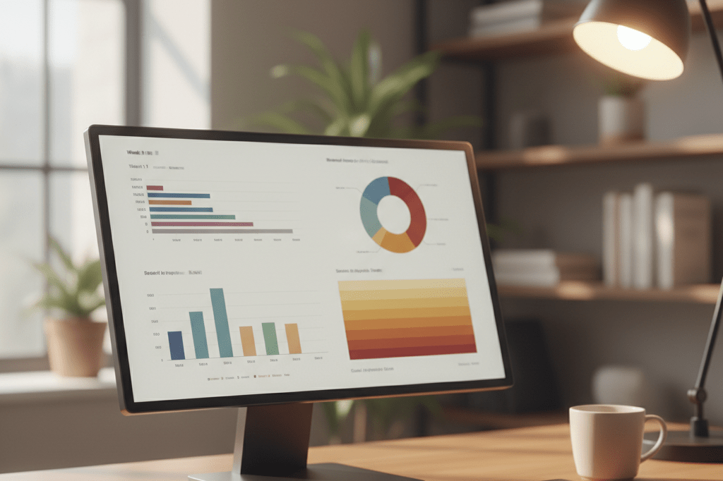 Medium shot of a clean digital dashboard displaying abstract data charts about marketing performance, ROI, and audience sentiment in a professional office setting